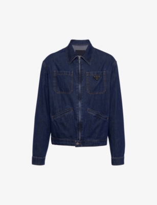 Shop Prada Mens Blue Brand-plaque Regular-fit Washed-denim Jacket