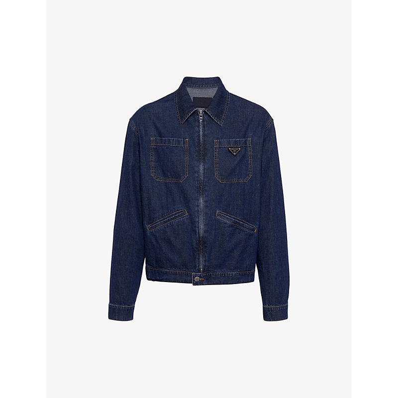 Shop Prada Brand-plaque Regular-fit Washed-denim Jacket In Blue