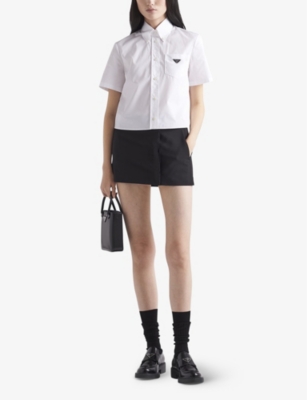 Prada Womens White Logo-plaque Cropped Cotton Shirt In White