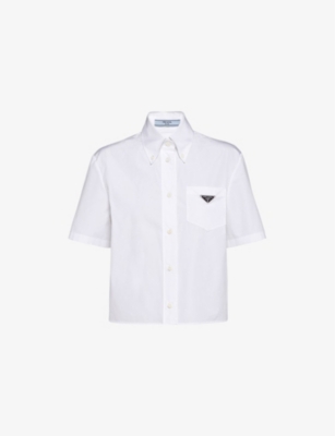 Shop Prada Logo-plaque Cropped Cotton Shirt In White