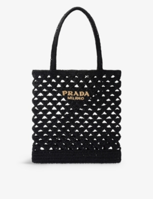 Shop Prada Logo-embroidered Crochet Tote Bag In Black