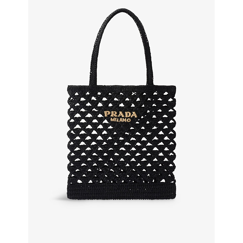 Shop Prada Logo-embroidered Crochet Tote Bag In Black
