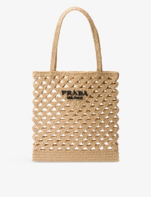 Shop Prada Logo-embroidered Crochet Tote Bag In Neutral