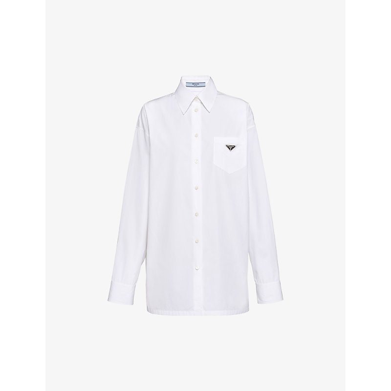 Prada Womens White Logo-plaque Long-sleeve Cotton Shirt