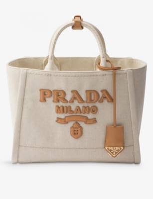 Prada Womens Neutral Brand-typography Linen-blend Tote Bag