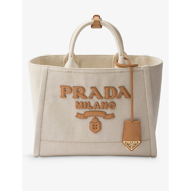 Prada Womens Neutral Brand-typography Linen-blend Tote Bag