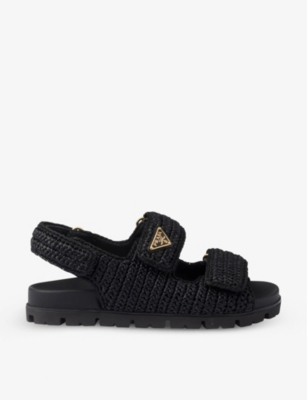 Prada Logo-plaque Woven Sandals In Black