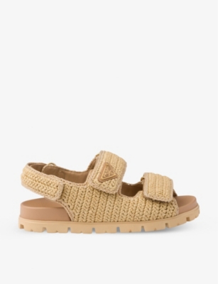 Shop Prada Brand-plaque Chunky-sole Woven Sandals In Neutral