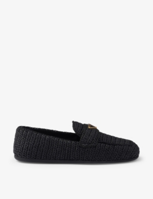 Prada Womens Black Logo-plaque Slip-on Woven Loafers