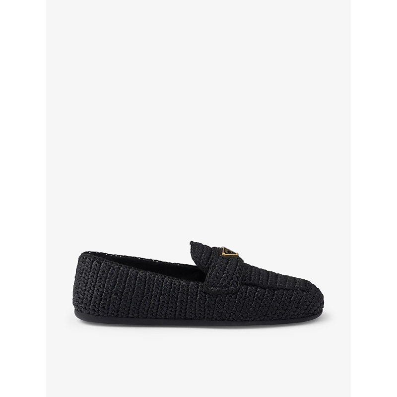 Prada Womens Black Logo-plaque Slip-on Woven Loafers