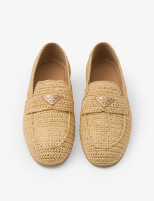 Shop Prada Logo-plaque Slip-on Woven Loafers In Neutral