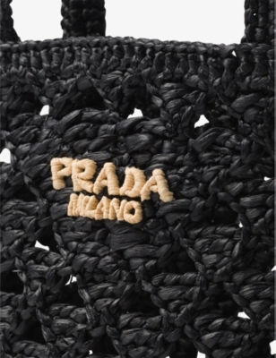 Shop Prada Brand-embroidered Woven Tote Bag In Black
