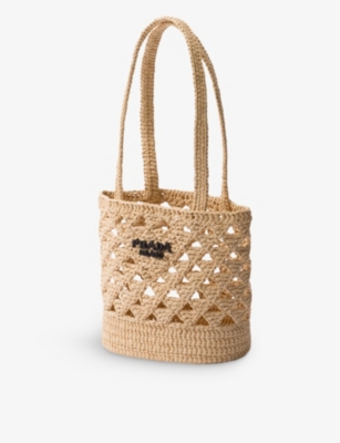 Shop Prada Brand-embroidered Woven Tote Bag In Neutral