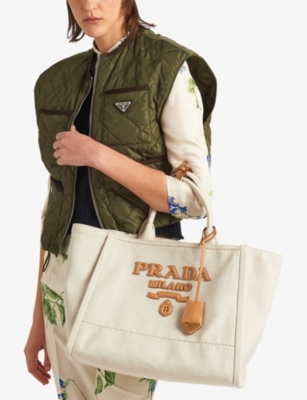 Shop Prada Brand-typography Large Linen-blend Tote Bag In Neutral