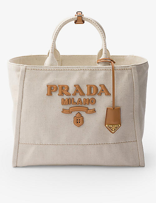 PRADA: Brand-typography large linen-blend tote bag