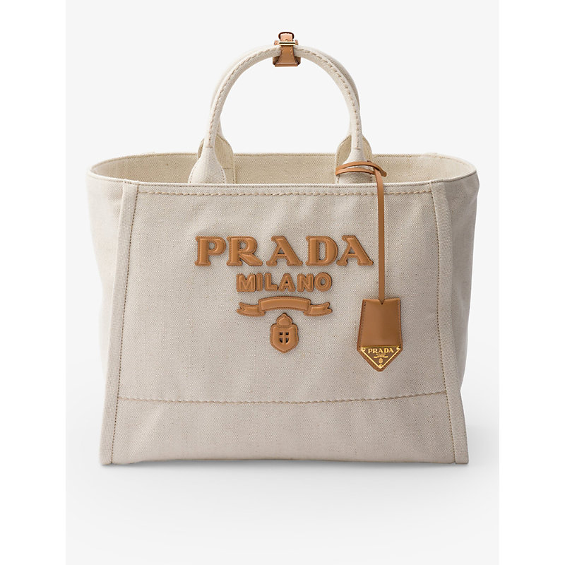 Prada Womens Neutral Brand-typography Large Linen-blend Tote Bag