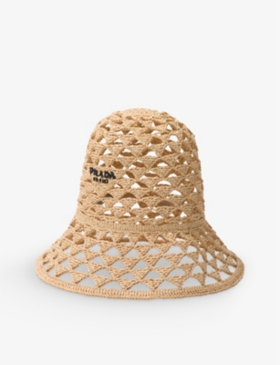 Shop Prada Womens Neutral Brand-embroidered Cut-out Woven Bucket Hat