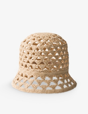 Prada Womens  Brand-embroidered Cut-out Woven Bucket Hat In Neutral