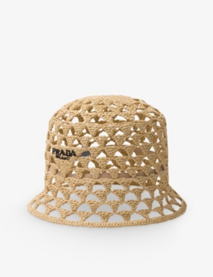 Shop Prada Womens Neutral Brand-embroidered Cut-out Woven Bucket Hat