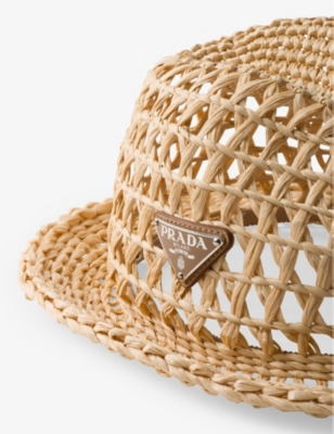 Prada Womens Neutral Triangle-plaque Raffia-effect Woven Fedora Hat In Neutral