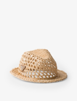 PRADA: Triangle-plaque raffia-effect woven fedora hat