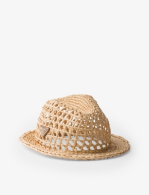 Prada Womens Neutral Triangle-plaque Raffia-effect Woven Fedora Hat