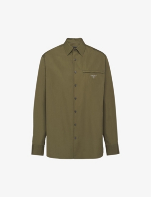 Shop Prada Mens Green Classic-collar Oversized-fit Cotton Shirt