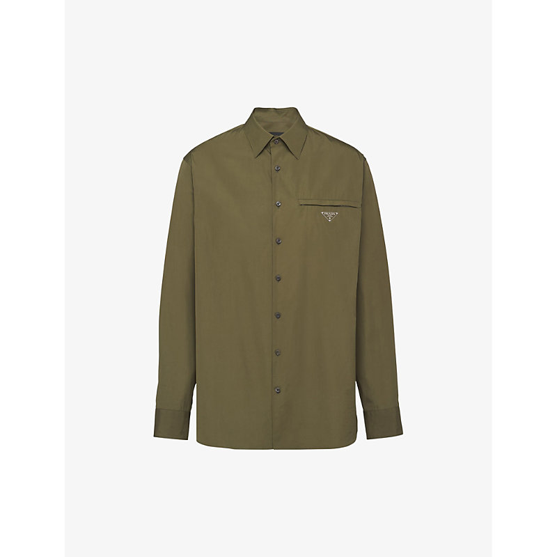 Shop Prada Mens Green Classic-collar Oversized-fit Cotton Shirt