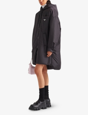 Prada Womens Black Re-nylon Logo-plaque Recycled-nylon Coat In Black
