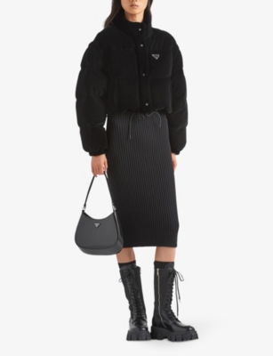 PRADA WOMENS BLACK CONVERTIBLE CROPPED VELVET-DOWN JACKET 
