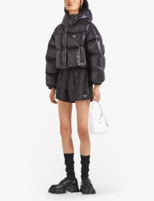 PRADA: Logo-plaque padded cropped shell-down jacket