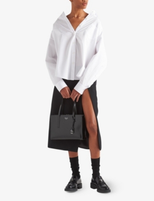 Prada Womens White Logo-embroidered Patch-pocket Oversized Cotton-poplin Shirt In White