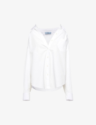 Shop Prada Logo-embroidered Patch-pocket Oversized Cotton-poplin Shirt In White