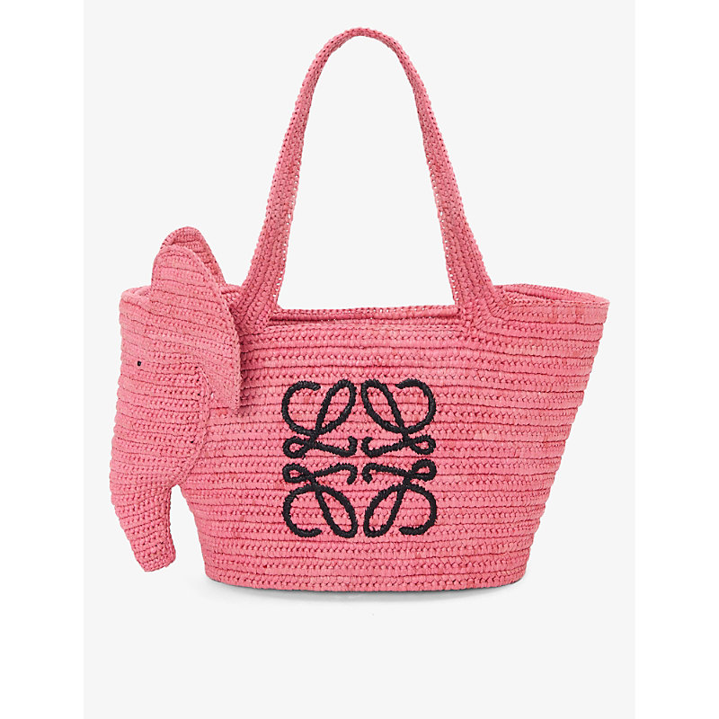 Loewe Womens Sunset Pink X Paula's Ibiza Small Elephant Raffia Basket Bag