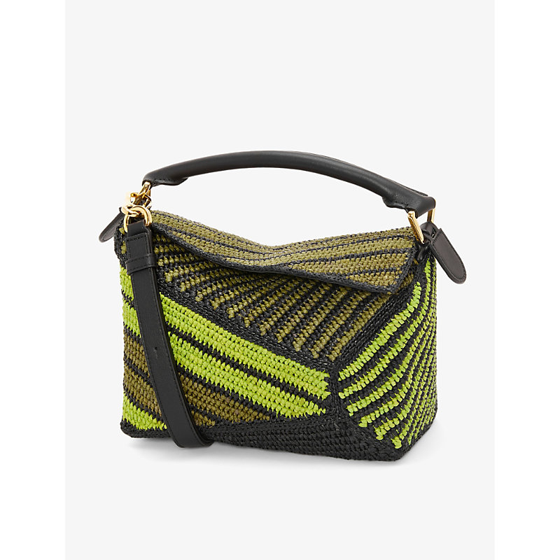 Loewe Women's Anise/olive X Paula's Ibiza Puzzle Edge Small Striped Raffia Shoulder Bag