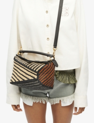 Shop Loewe Women's Natural/honey Gold X Paula's Ibiza Puzzle Edge Small Striped Raffia Shoulder Bag