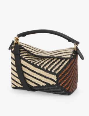 Shop Loewe Women's Natural/honey Gold X Paula's Ibiza Puzzle Edge Small Striped Raffia Shoulder Bag