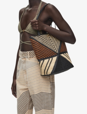 Shop Loewe Women's Natural/honey Gold X Paula's Ibiza Puzzle Fold Striped Raffia Tote Bag