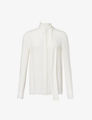 Shop Valentino High-neck Long-sleeve Silk Shirt In Avorio