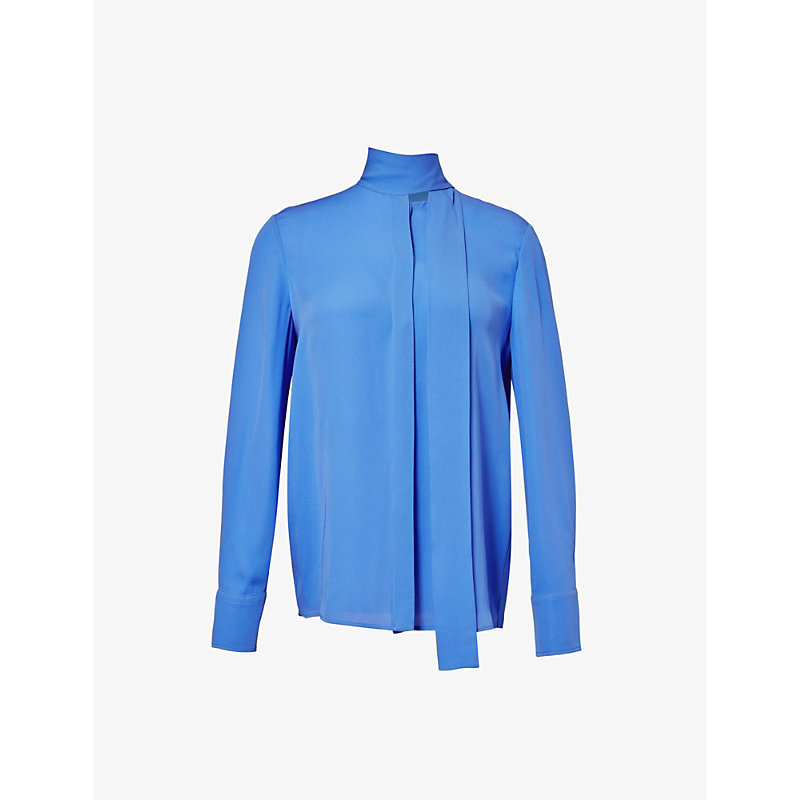 Shop Valentino High-neck Long-sleeve Silk Shirt In Serenity