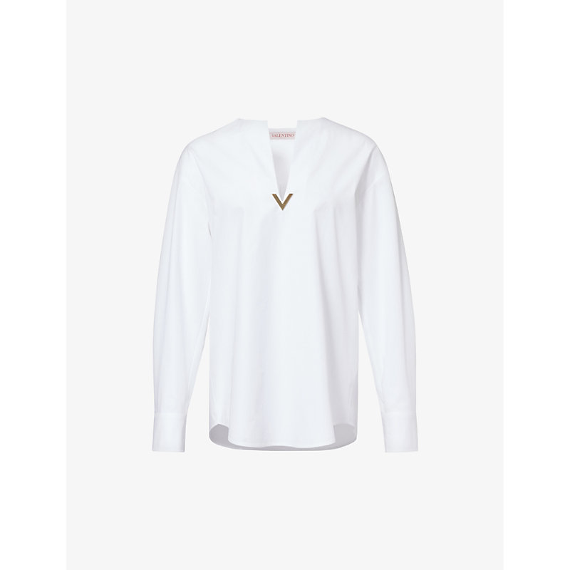 Valentino Garavani Womens Bianco Ottico V-neck Logo-plaque Cotton-poplin Top