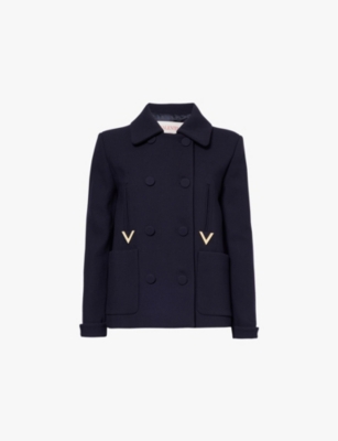 Shop Valentino Womens  Garavani Double-breasted Brand-plaque Wool-blend Jacket In Navy