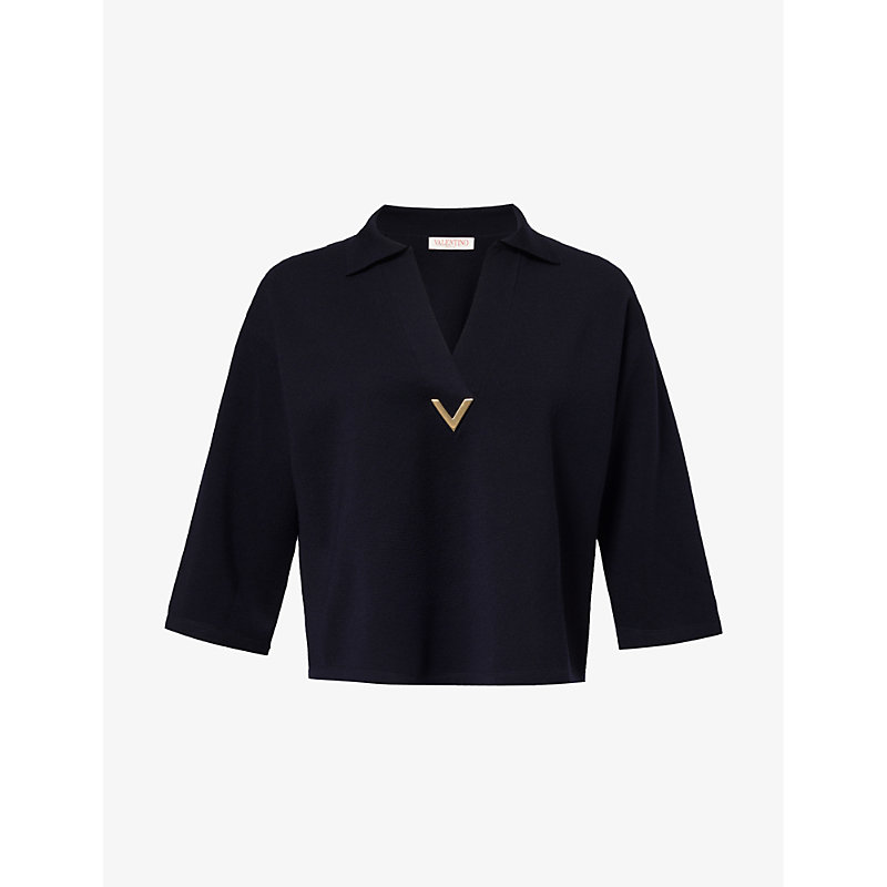 Valentino Garavani Womens Navy V-neck Logo-plaque Wool Jumper