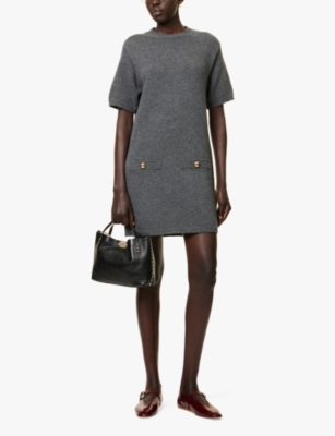 Shop Valentino Womens  Garavani Short-sleeved Relaxed-fit Wool-knit Mini Dress In Grigio Scuro Melange