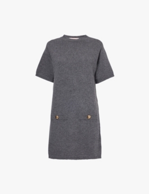 Shop Valentino Womens  Garavani Short-sleeved Relaxed-fit Wool-knit Mini Dress In Grigio Scuro Melange