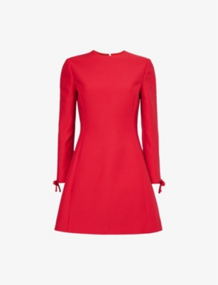 Valentino Garavani Womens Rosso Bow-embellished Padded-shoulder Wool-blend Mini Dress