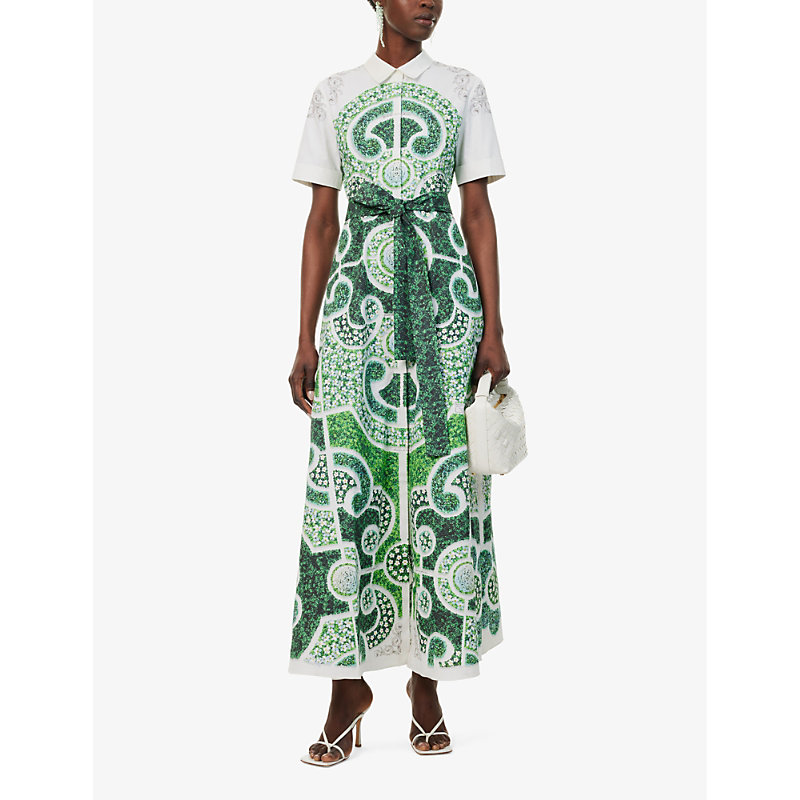 Shop Mary Katrantzou Womens Green Topiary Como Floral-print Cotton Maxi Dress
