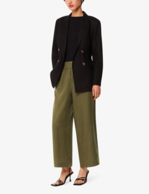 Whistles Cropped Wide-leg Mid-rise Linen Trousers In Green