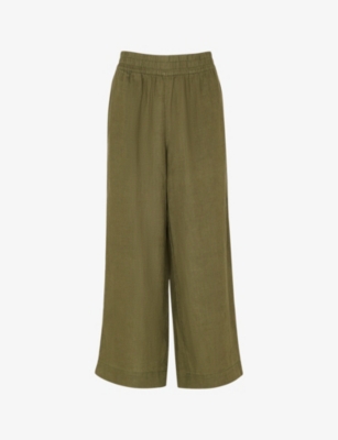 Shop Whistles Women's Khaki/olive Elasticated-waist High-rise Linen Trousers