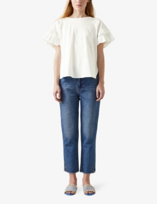 Shop Lk Bennett Women's Whi-white Allie Frill-sleeve Cotton T-shirt